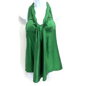 Y2K Moda International 100% Silk Halter Top XS Drape Front Open Back Green